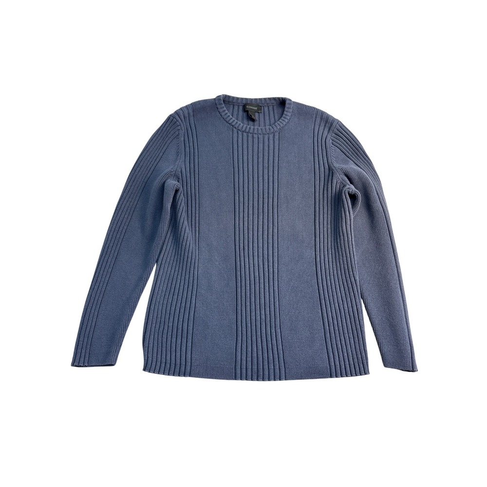 Express Mens XL Blue Ribbed Knit Crewneck Sweater 100% Cotton Long Sleeve